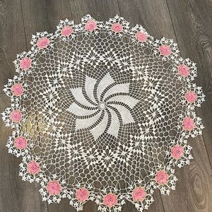 Elegant Vintage Hand Crocheted Lace Doily with 3D Pink Rose Accents